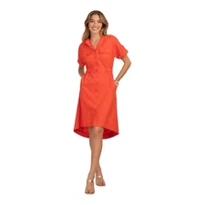 Trina Turk Short Sleeve Orange V-Neck Button Up Sheath Pencil Dress Size Large