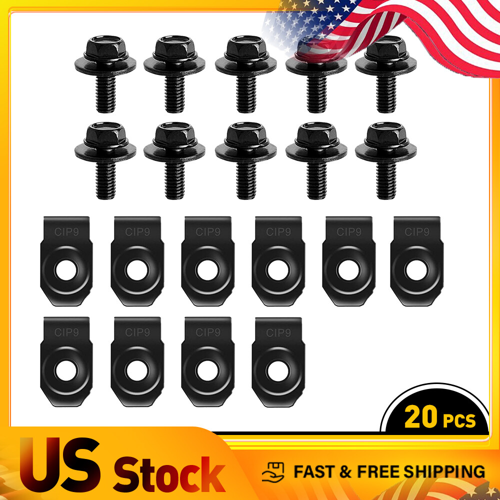 Body Bolts & U-nut Clips- M6-1.0 x 20mm 10mm Long- Hex- 20pcs M6-1.0 x 20mm long