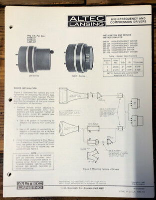 Altec Model 288-8K 291-16K Speaker Owners Manual & Schematic *Orig* | eBay