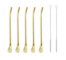 4-In-1 Reusable Stainless Steel Straw Spoon Filter, 5 Pcs 7.2 Inch, Gold