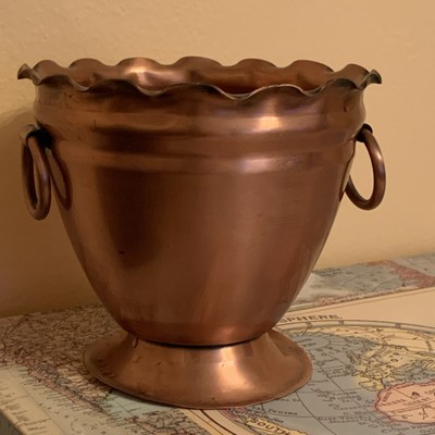 Solid Copper Pot Planter Vase Double Handle Scalloped Made In USA. Read