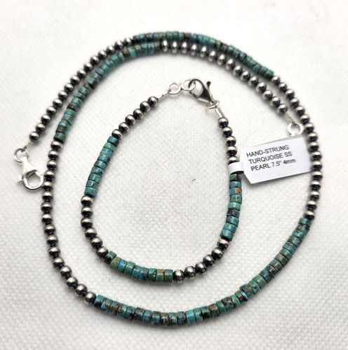 Collar y pulsera de plata de ley 925 de 18" de perlas navajo y turquesa encordados a mano - Imagen 10 de 10