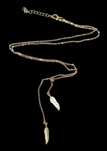 Nature Inspired Bohemian Feather Charm Gold Tone Lariat Necklace
