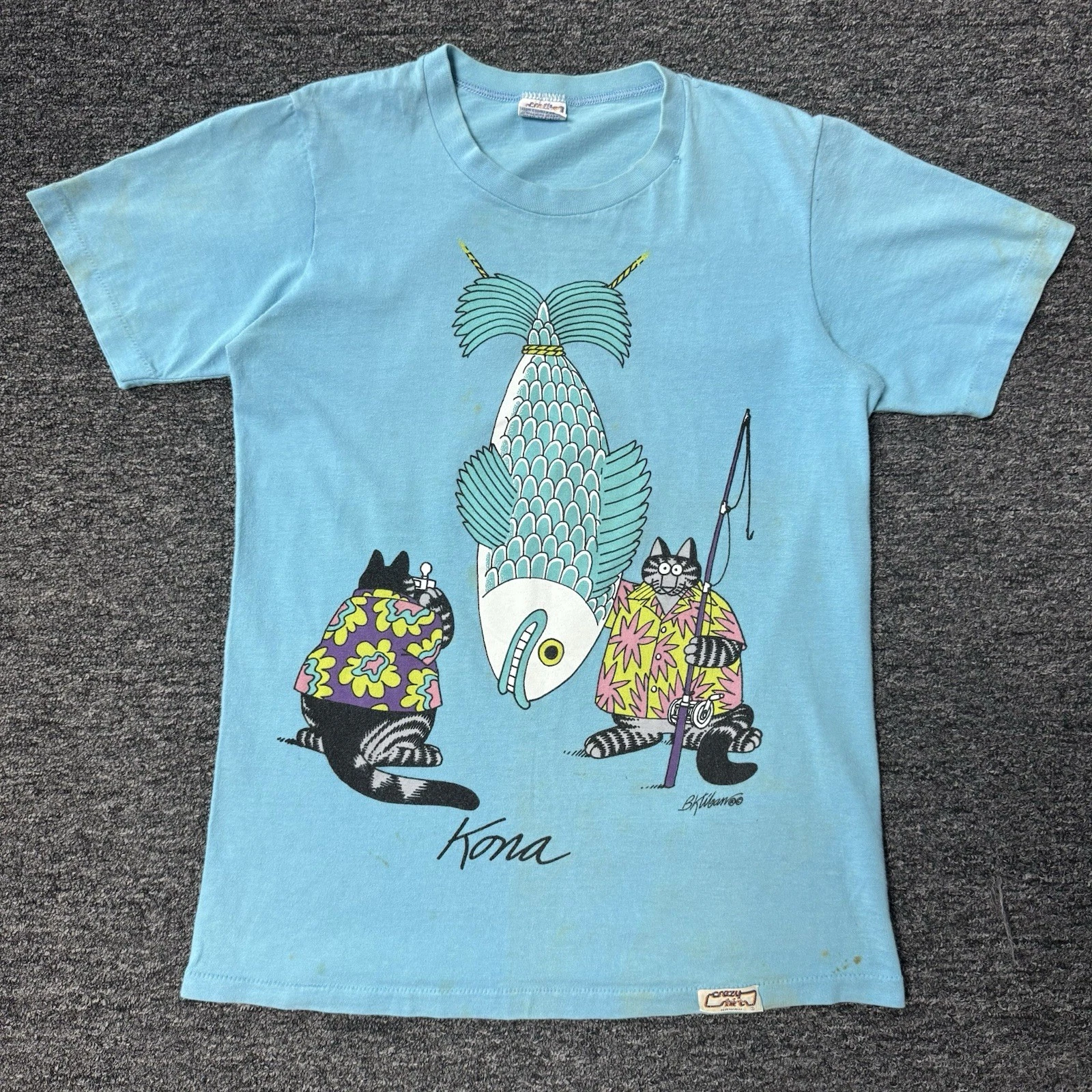 Vintage 80s Fishing Kliban Fat Cat Crazy Shirts Kona Hawaii Mens Blue - Size S