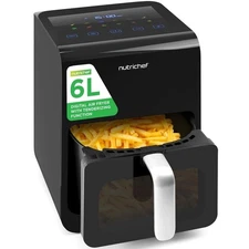 NutriChef 6L Digital Air Fryer w/ Silver Handle -with Transparent Window (Black)