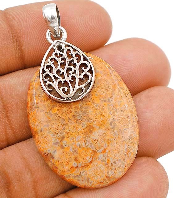 Natural Fossil Coral 925 Solid Sterling Silver Pendant