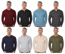 Mens Henley Jumper Top Plain Long Sleeve Grandad Neck Waffle Knit / M-3XL 2208-A