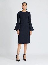 Oscar de la Renta Shimmer Wool Blue Pencil Dress Bell Sleeve Navy 6 MED NWOT