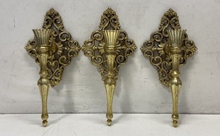 Vintage Brass Tone Metal Wall Sconce Candle Holders Ornate Filigree Set of 3