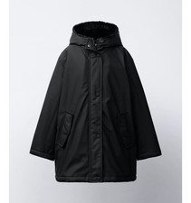 Zara Girls rubberised water resistant raincoat with faux fur black size 12-13 y 
