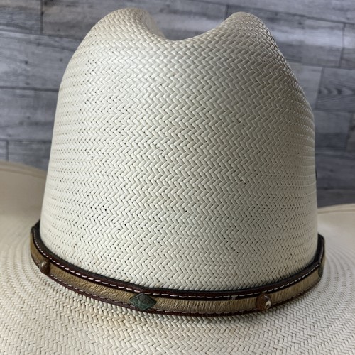 Stetson Panama Straw Cowboy Hat 7 1/8 Round Oval 10X Leather Conch Band Western - Picture 6 of 13