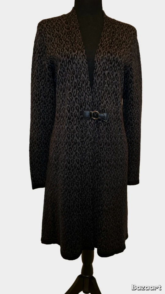 Cárdigan Suéter Largo Calvin Klein Gris Negro Estampado Leopardo Talla L Informal de Negocios Foto 2 de 4