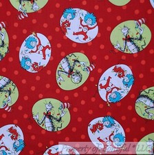BonEful Fabric FQ Cotton Quilt Red White Green Dr Seuss Cat in the Hat Xmas Sale