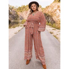 Plus Size Printed V-Neck Tie Front Balloon Sleeve Jumpsuit