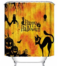 Happy Halloween Fabric SHOWER CURTAIN Orange Black Silhouette Cat Pumpkin