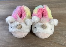 Girls Unicorn Slippers Faux Fur  White Pink Rainbow Gold Horn  Size 5/6