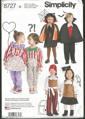 Halloween Simplicity 8727 Toddler Costumes Twins Matches Sz US 1/2-4 New Uncut
