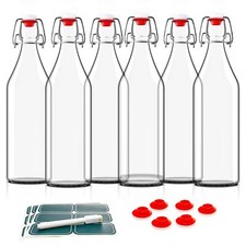Set of 6 Swing Top Glass Bottles16oz w/ Marker Labels Clear Bottle with Caps