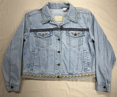 Liz Claiborne Jean Jacket Womens Medium Petite Denim Floral Embroidered  Pockets