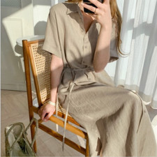 Women Cotton Linen Lapel Shirt Dress Maxi Dress Button Down Loose Korean