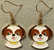 BROWN & WHITE DOG FACE EARRINGS - Enamel with Gold Plated Ear Wires SHIH-TZU