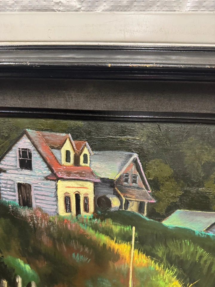 Pintura al óleo enmarcada vintage firmada por M. Bauer - escena costera con barco y casas Foto 3 de 4