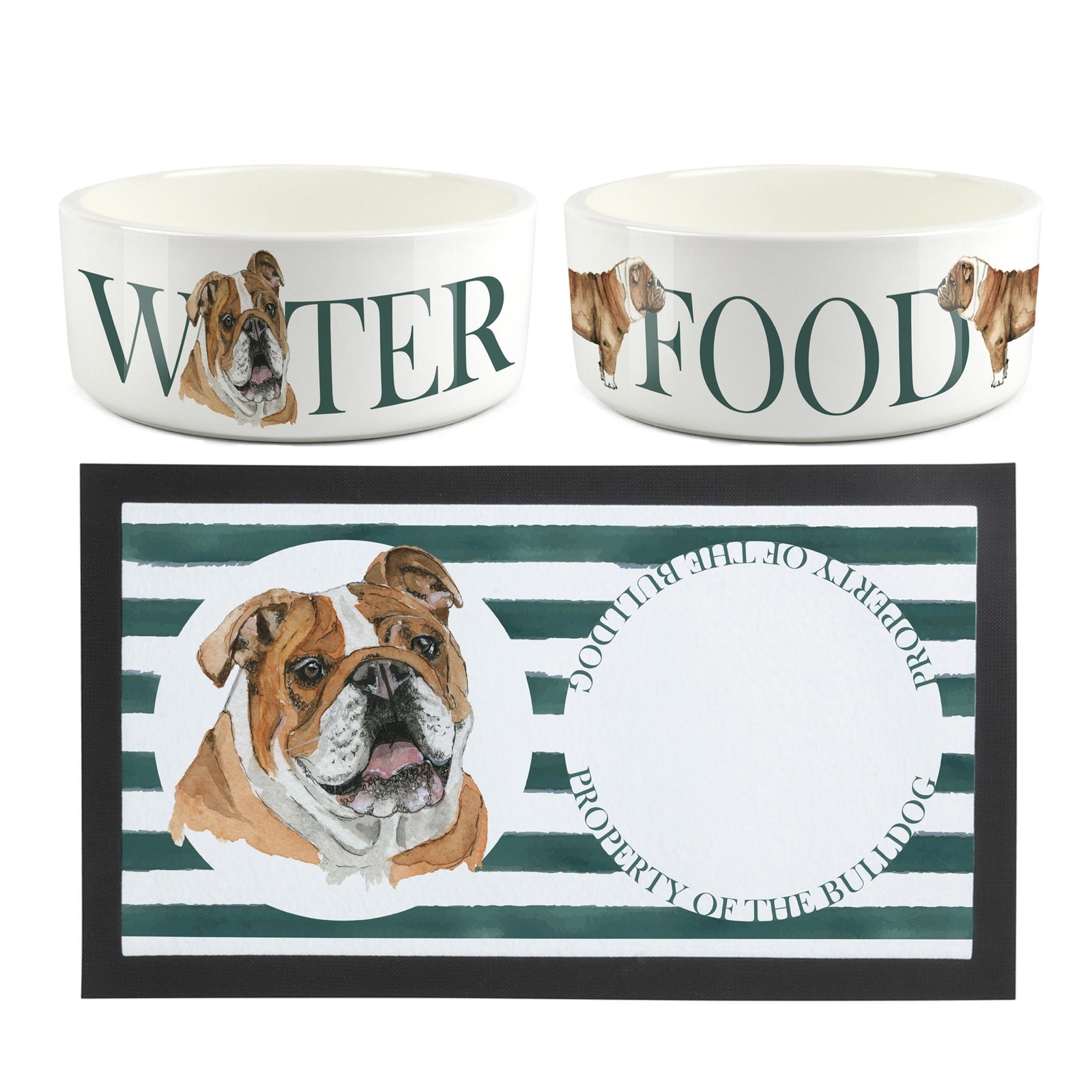 Purely Home Bulldog Pet Mat - Food & Water Bowl Set - White Ceramic Bowls - Non-Slip Rubber Mat - Image 2