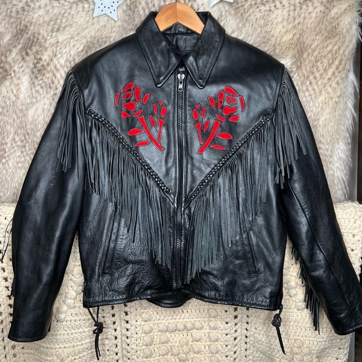 Vintage Black Leather Rose Motorcycle Jacket | eBay