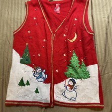 Ugly Christmas Sweater Vest Red Snowmen Size Large a418