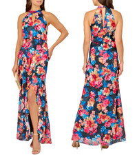 Adrianna Papell Floral Halter Mermaid Gown with Ruffles in Navy sz 12 $199
