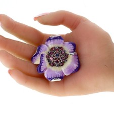 Large Vintage purple enamel flower brooch pin with Rhinestones accents