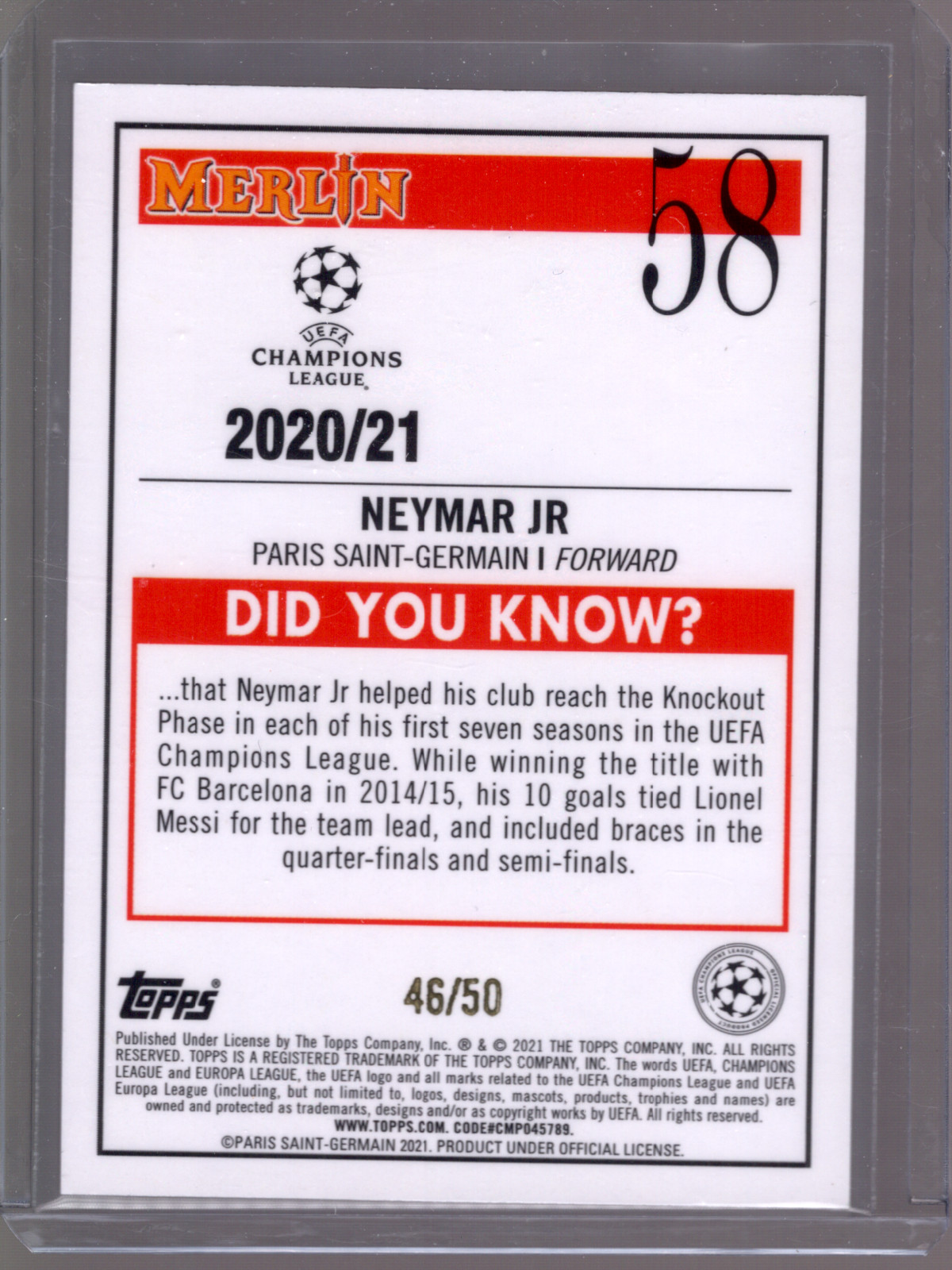 2020-21 Merlin UEFA Neymar Jr. Gold Refractor #/50 view 3