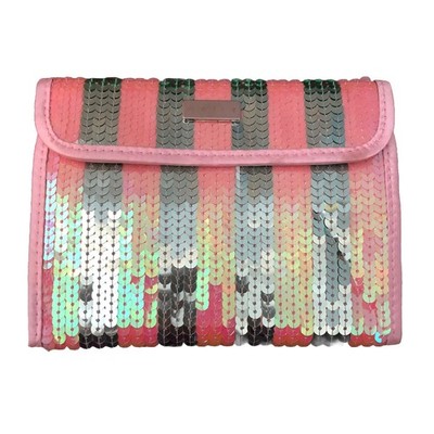 Mally Cosmetic Makeup Bag Pink Grey Striped Sequins Barbie Datenight