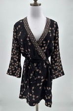 AllSaints Alva Fraise Black Floral Silk V Neck Mini Wrap Kimono Dress Sz 6