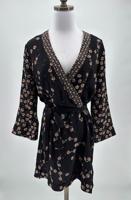 AllSaints Alva Fraise Black Floral Silk V Neck Mini Wrap Kimono Dress Sz 6