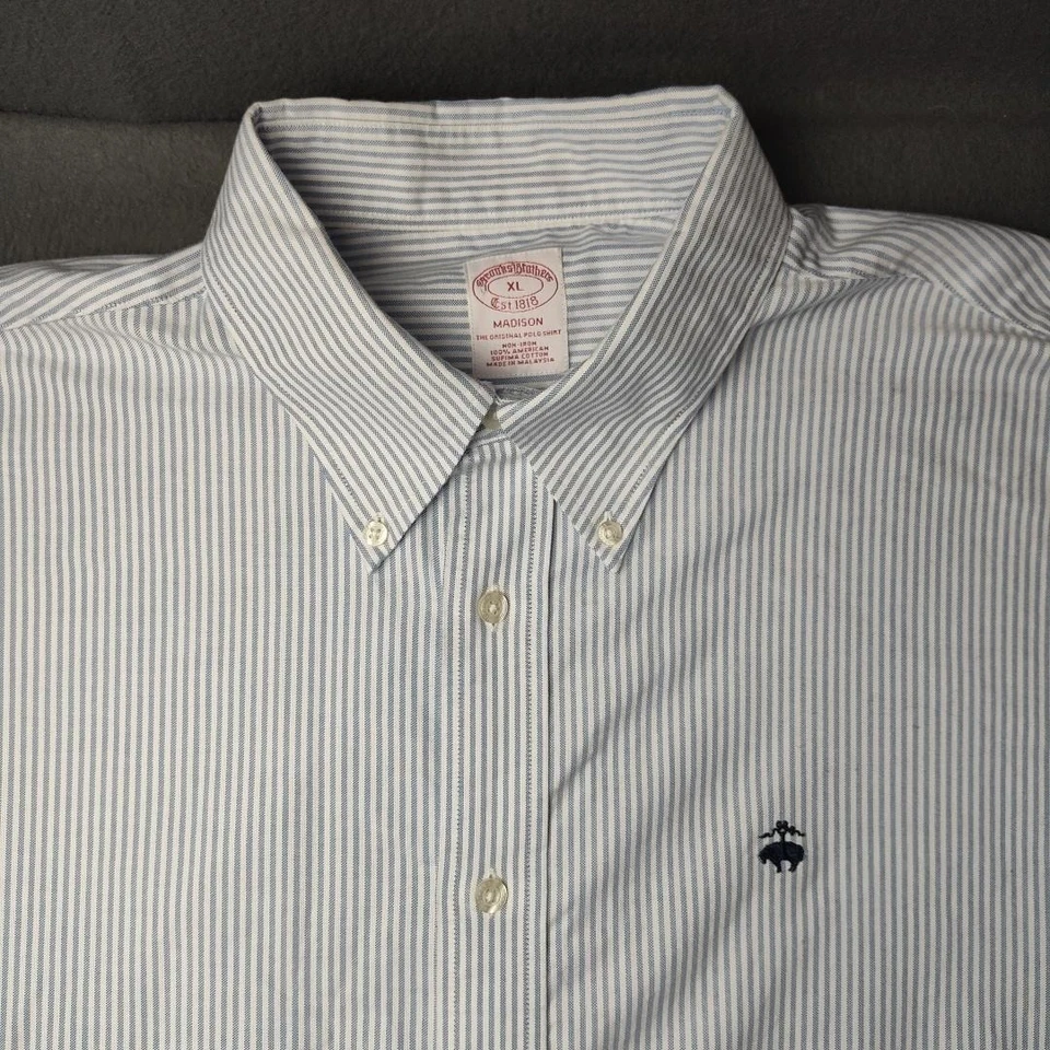 Camisa Brooks Brothers Para Hombre XL Azul Blanco Rayas Madison Sin Hierro Algodón Supima Foto 3 de 4