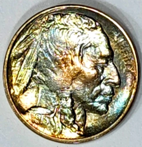 1913 Type 2 Buffalo Nickel Beautiful Natural Rainbow Toned Colors Gem BU
