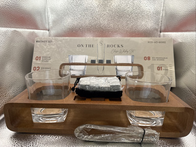 Whiskey on the rocks Set 2 Glass/rocks Tongs Wood Holder