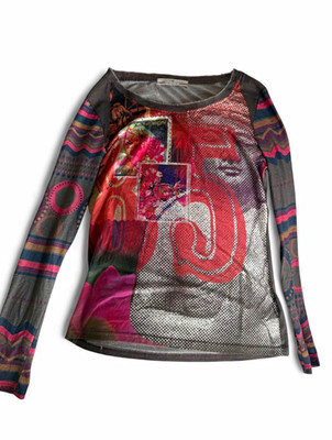 Cache Cache Women's Multicolor/Gray Graphic Print Embroidered Tee Long Sleeve M