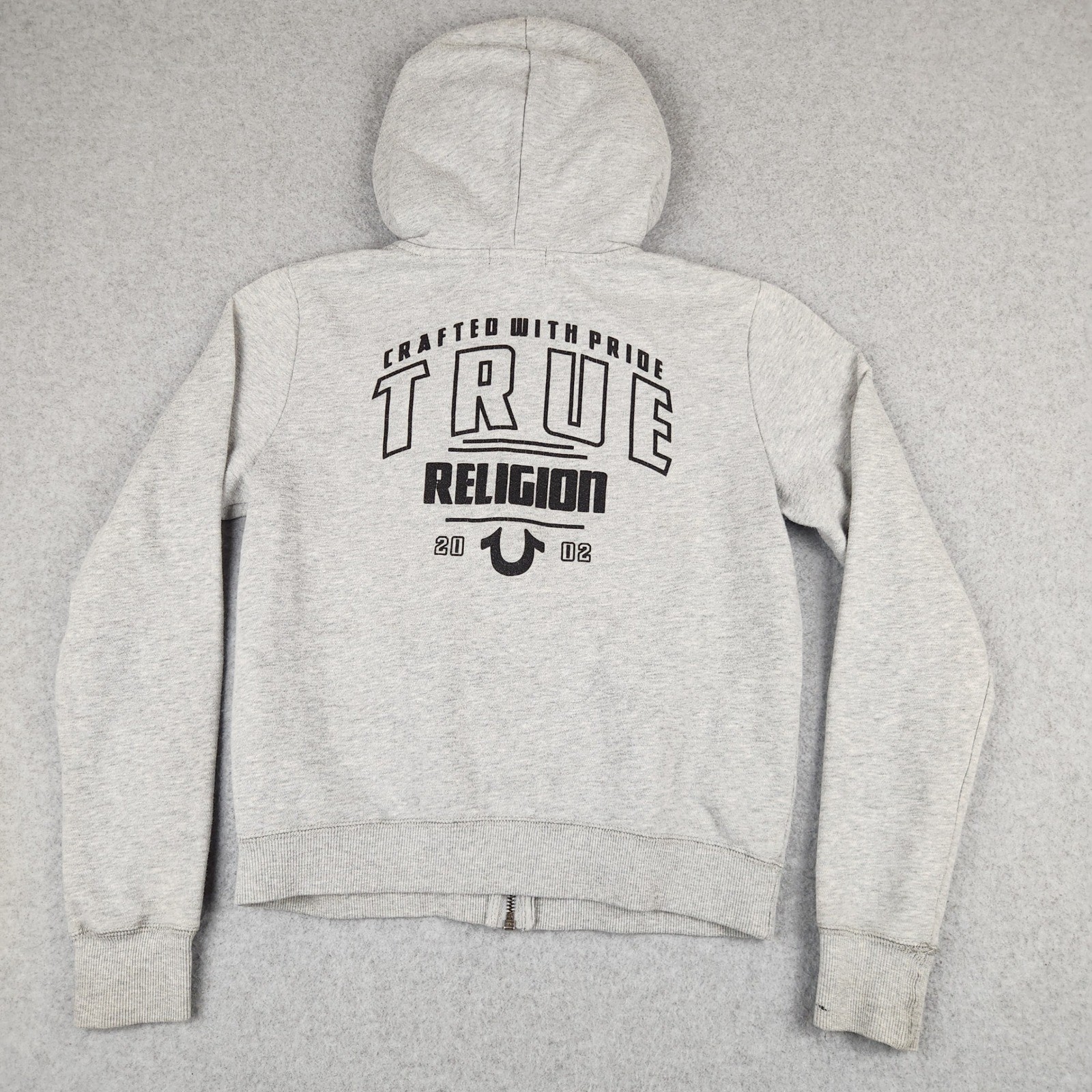 True Religion Womens Zip Up Hoodie Gray Graphic Back Horseshoe Logo Size Small thumbnail 3