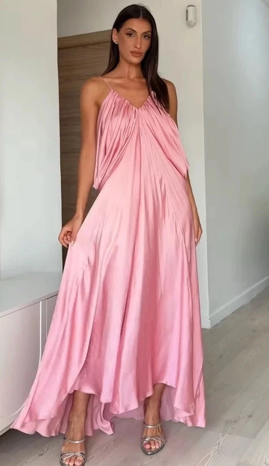 Zara ZW Collection Long Satin Volume V-Neck Dress Pink 3684/019 size M