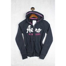 Y2K Aeropostale Womens Full Zip Hoodie Black Aero New York Graphic Sweatshirt M