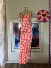 Y2K Hot Pink Yellow Daisy Floral Maxi Dress Backless Halter Bodycon 90s 2000s