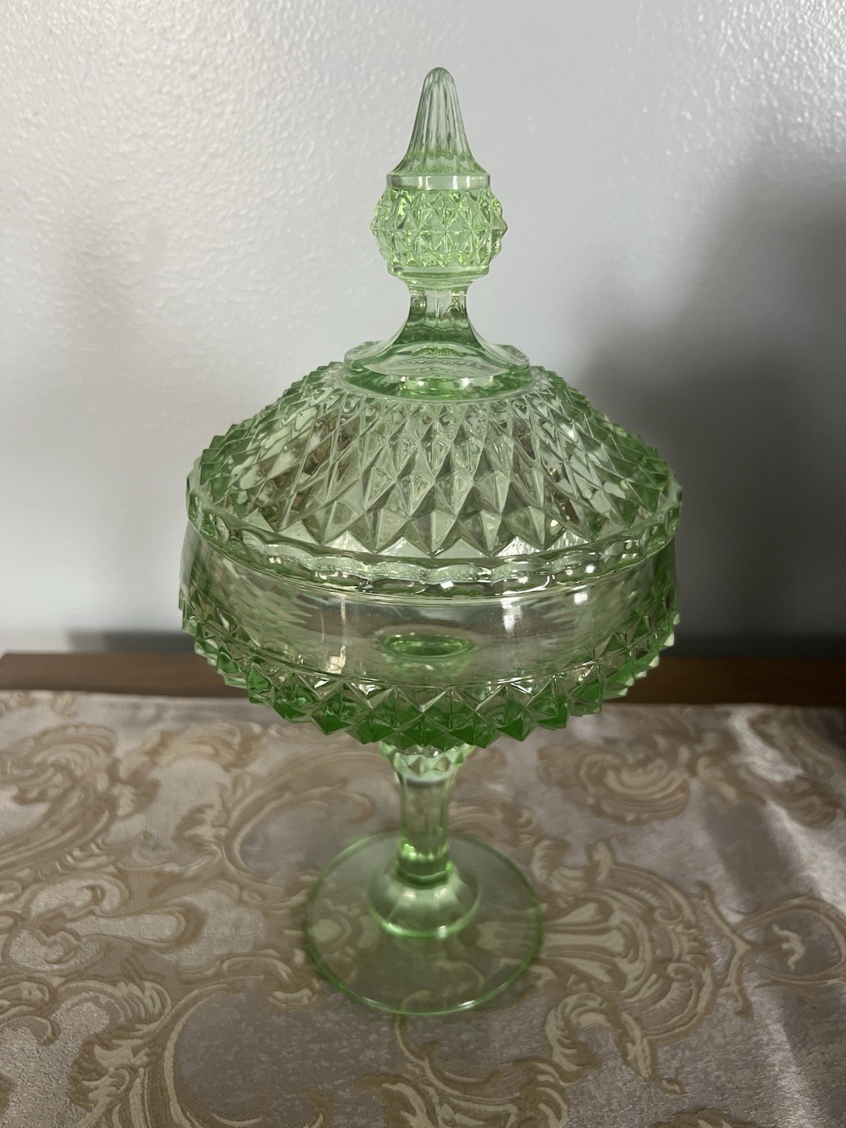 Vintage Indian Green Glass Diamond Point Candy Dish