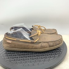 LL Bean Slippers Men Size 12 Shoes Brown Leather Flannel Lined Moccasins Slip On