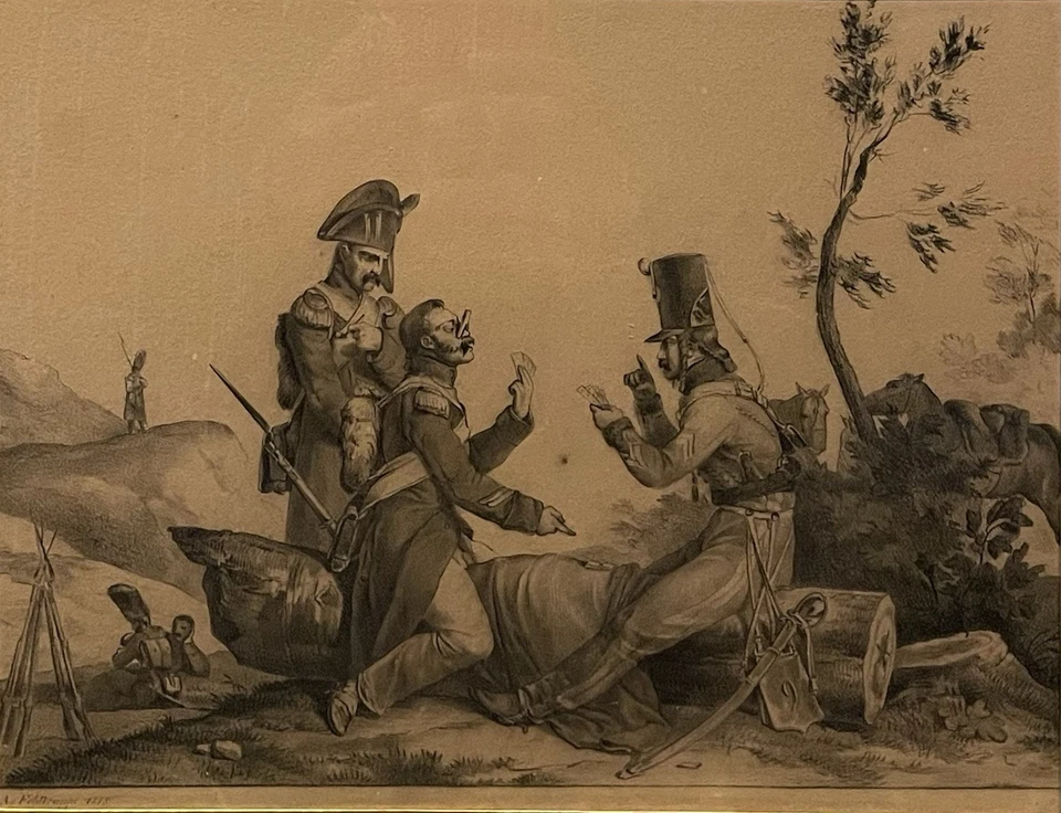 Dessin ancien 19èm XIXèm A. Feldtrappe Scène de genre militaire 1er Empire Rare - Photo 2/4