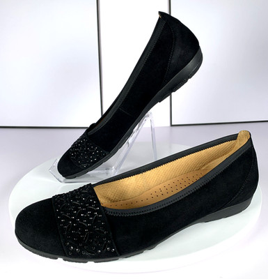 Gabor Womens Hovercraft Flats Premium Black Suede Rhinestone Strap Loafer, 6.5