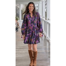 OLIPHANT Suzani Yoke Mini Dress Long Sleeves in Suzani Navy Size XS