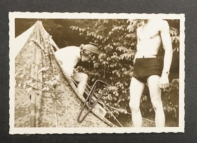 Photo Portrait Man Camping Swim Trunks Camping Woman Old Topless Muscles Picture Old