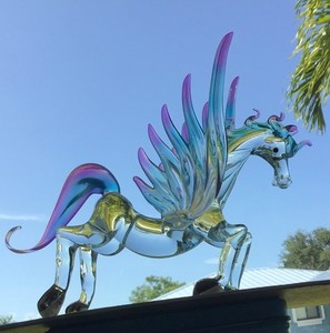 Awesome Hand Blown Winged Glass Stallion ,Pinks, Aquas /Purple,Gold Feet Pegasus